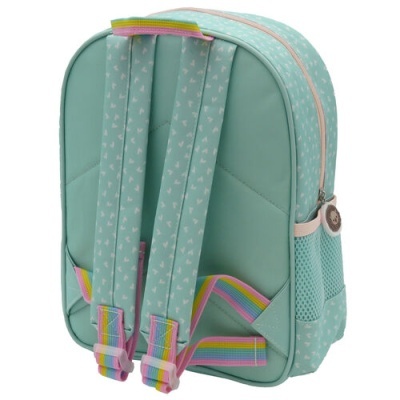 Mochila verde água com padrão de corações brancos e alças coloridas