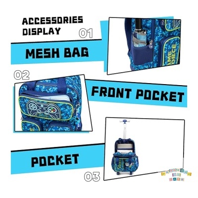 Mochila azul camuflada com bolsos e rede, etiquetas de descrição em fundo branco e azul