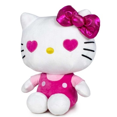 Boneco de peluche gato branco com olhos em forma de coração e laço fuschia