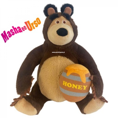 Pelúcia de urso castanho com pote de mel e texto Masha e o Urso