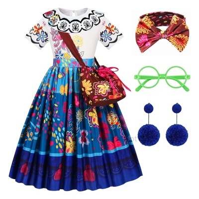 Conjunto infantil com vestido, bolsa, faixa, óculos e brincos coloridos