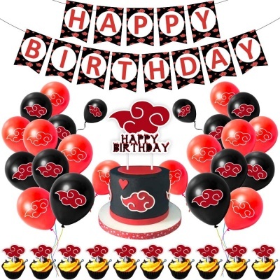 Decoração de festa de aniversário com balões, bandeirola, bolo e cupcakes preto e vermelho com símbolo de nuvem