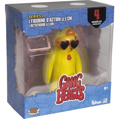 Embalagem azul com figura de ação amarela de óculos de coração pretos e gravata vermelha do jogo Gang Beasts