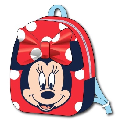 Mochila infantil vermelha com estampa da Minnie e laço vermelho de bolinhas brancas
