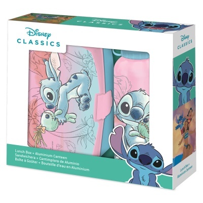 Lanheira e cantil Disney Classics com personagens Stitch em embalagem