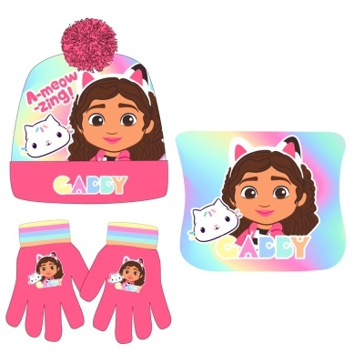 Conjunto criança touca, luvas e cachecol rosa com estampa da personagem Gabby e gato branco