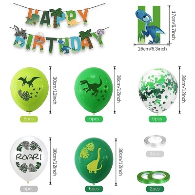 Conjunto de balões e faixa HAPPY BIRTHDAY com tema de dinossauros para festa