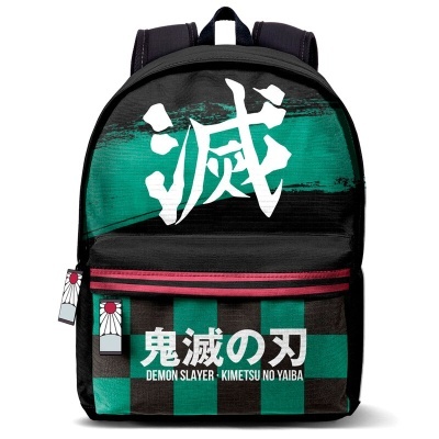 Mochila preta e verde com texto japonês e inglês Demon Slayer Kimetsu no Yaiba