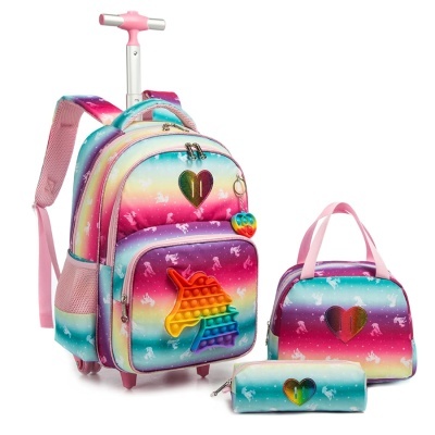 Conjunto de mochila escolar colorida com rodinhas, bolsa de mão e estojo com padrão de unicórnios e aplique pop-it unicórnio