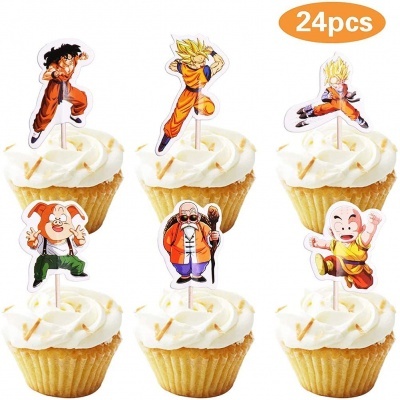 Cupcakes com decoração de personagens Dragon Ball em papel e texto '24pcs'