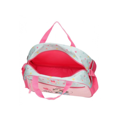 Mala infantil rosa e cinzenta com personagens animadas e alças cor de rosa