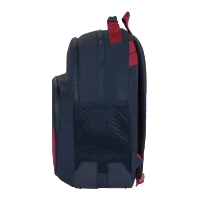 Mochila azul escuro com detalhes vermelhos e bolso lateral em rede