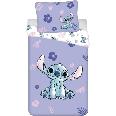 Roupa de cama lilás com personagem Stitch e flores