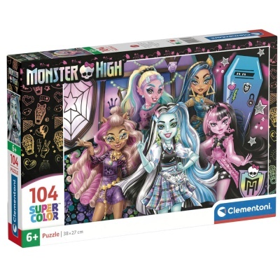 Caixa de puzzle Monster High Clementoni 104 peças com personagens animadas e elementos de Halloween