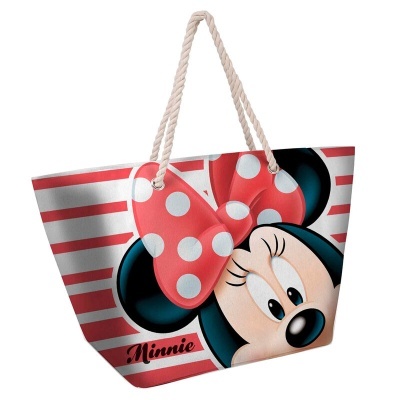 Saco de praia com estampa da Minnie e laço vermelho com bolinhas brancas