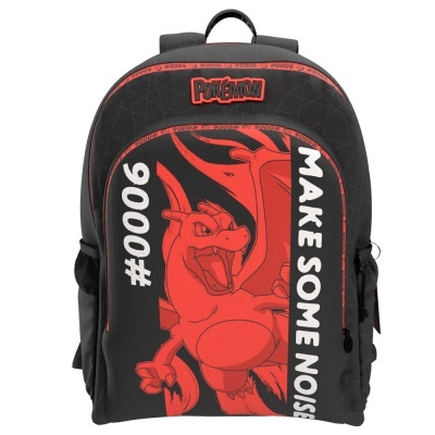 Mochila preta e vermelha com Charizard e texto Pokémon