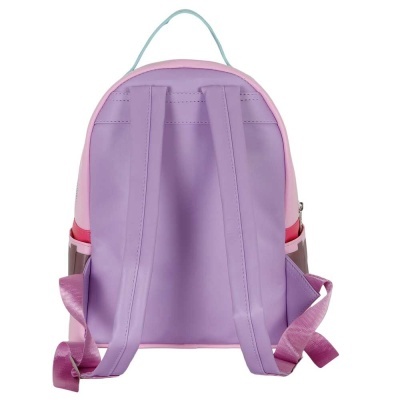 Mochila lilás e rosa vista de trás com alças ajustáveis e alça superior azul claro