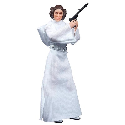 Figura de ação feminina em vestido branco segurando arma preta