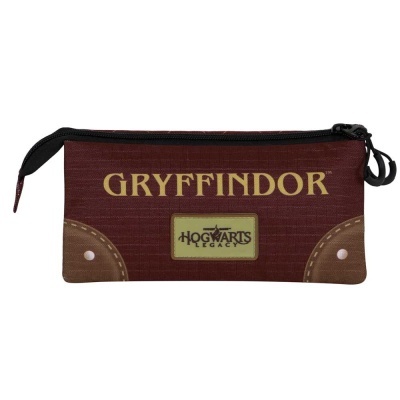Estojo castanho-avermelhado com fecho preto e impressões GRYFFINDOR e HOGWARTS LEGACY