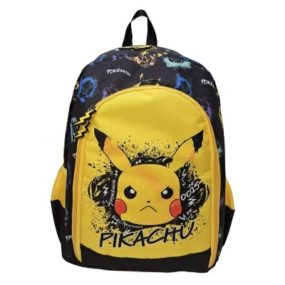 Mochila escolar amarela e preta com estampa de Pikachu e personagens Pokémon
