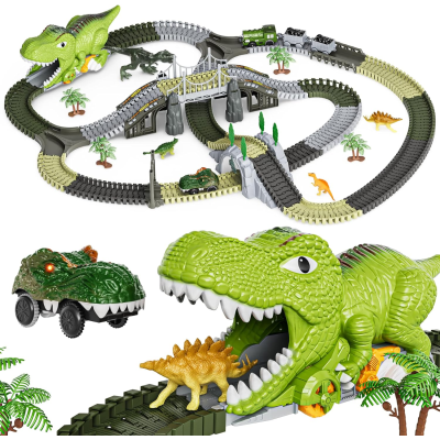 Brinquedo de ferrovia com dinossauro verde e trilhos