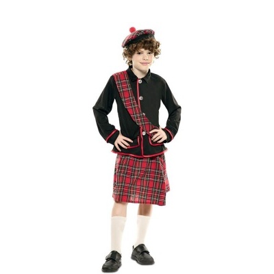 Roupa infantil estilo escocês com casaco preto e saia xadrez vermelha e preta