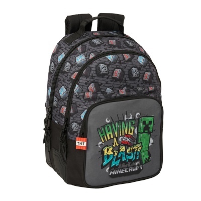 Mochila Minecraft com padrão de dados e texto HAVING A BLAST