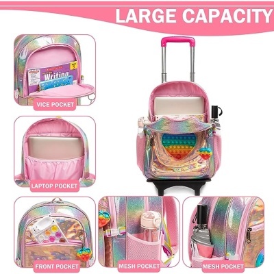 Mochila de rodinhas holográfica multicolor com vários compartimentos e etiquetas