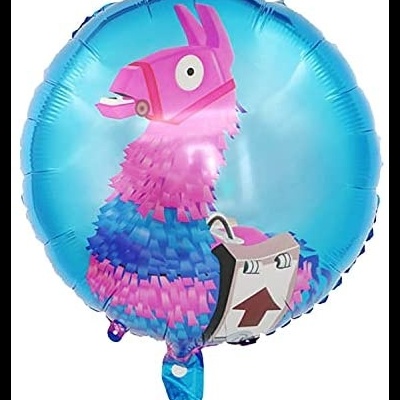 Balão metálico redondo azul com piñata colorida e caixa com seta marrom