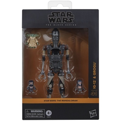 Figura de ação Star Wars The Black Series IG-12 & Grogu em embalagem preta.