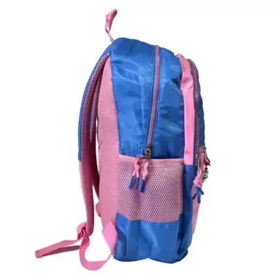 Mochila azul e rosa com bolsos e alças cor-de-rosa