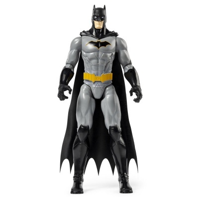 Figura de ação do Batman em cinzento e preto com capa e cinto amarelo