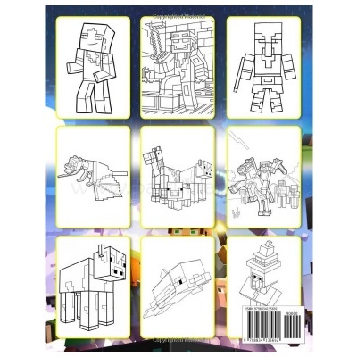 Desenhos a preto e branco de personagens e animais estilo Minecraft em fundo colorido