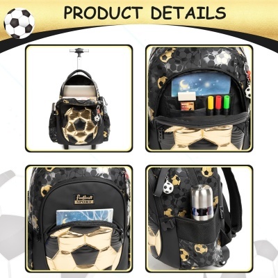 Mochila escolar preta com bolas de futebol douradas, com vários bolsos e compartimentos
