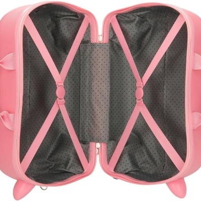 Mala de viagem cor-de-rosa aberta com interior cinzento escuro e tiras elásticas cruzadas cor-de-rosa