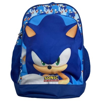 Mochila azul com imagem do Sonic e texto SONIC THE HEDGEHOG
