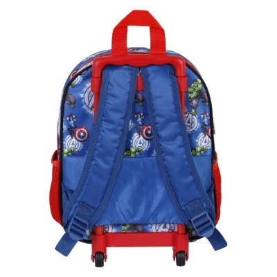 Mochila azul e vermelha dos Vingadores com rodas e alças acolchoadas