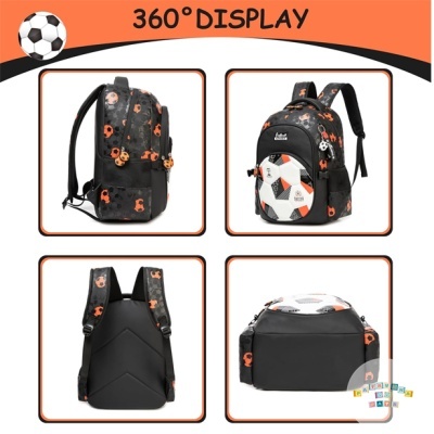 Mochila preta com padrão de bolas de futebol em quatro ângulos diferentes