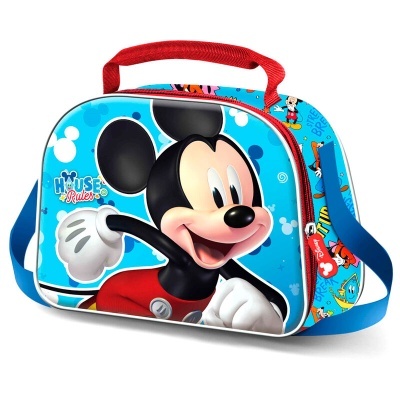 Mala infantil azul com estampa do Mickey Mouse e alça vermelha