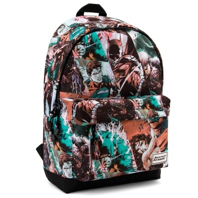 Mochila escolar com padrão colorido de personagens de banda desenhada