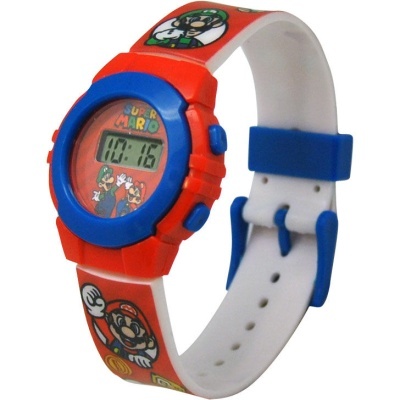 Relógio digital infantil Super Mario com pulseira branca e decorada a cores