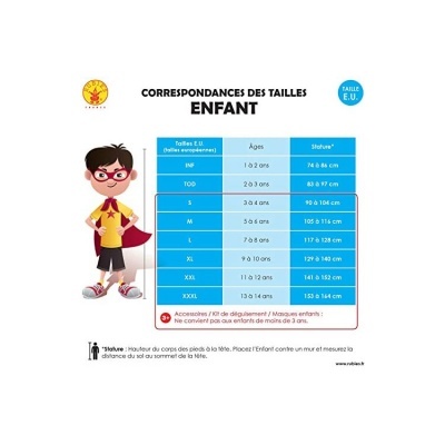 Tabela de tamanhos para crianças com idades, alturas e tamanhos, com imagem de criança e texto em francês