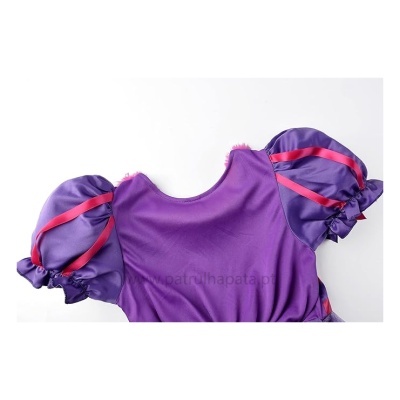 Parte superior de vestido infantil roxo com mangas bufantes e fitas cor-de-rosa