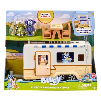 Brinquedo Bluey's Caravan Adventures com caravana, figuras e móveis em embalagem colorida