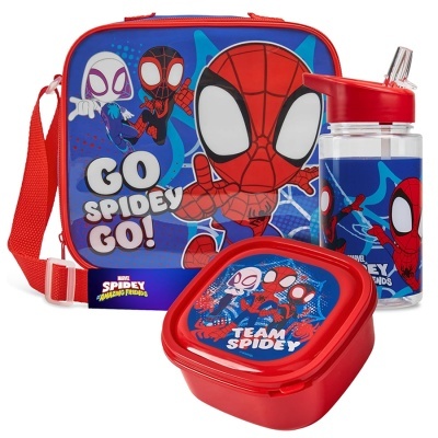 Conjunto lancheira Homem-Aranha azul e vermelho com garrafa e caixa para comida