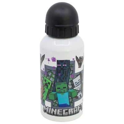 Garrafa de água branca com personagens do Minecraft em pixel