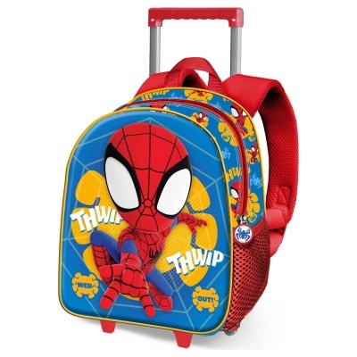 Mochila de rodas infantil do Homem-Aranha azul, vermelha e amarela com alças acolchoadas