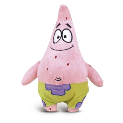 Peluche do personagem Patrick cor-de-rosa com calções verdes e roxos