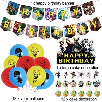 Conjunto de festa com faixa, balões e decorações para bolo com personagens e texto 'HAPPY BIRTHDAY'