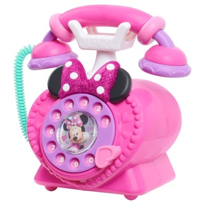 Telefone de brinquedo rosa com imagem da Minnie e disco numérico lilás